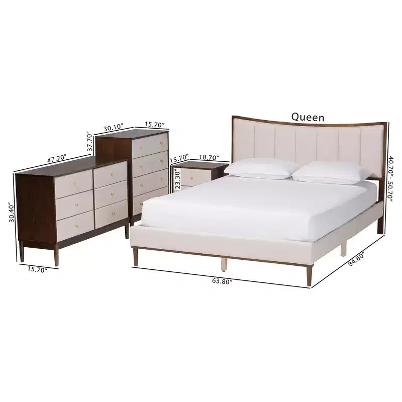 Set da 4 pezzi camera da letto queen Baxton Studio Nikolai in tessuto beige trapuntato con canali e legno wengé marrone, stile metà secolo