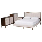 Set da 4 pezzi camera da letto queen Baxton Studio Nikolai in tessuto beige trapuntato con canali e legno wengé marrone, stile metà secolo