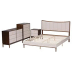 Set da 4 pezzi camera da letto queen Baxton Studio Nikolai in tessuto beige trapuntato con canali e legno wengé marrone, stile metà secolo