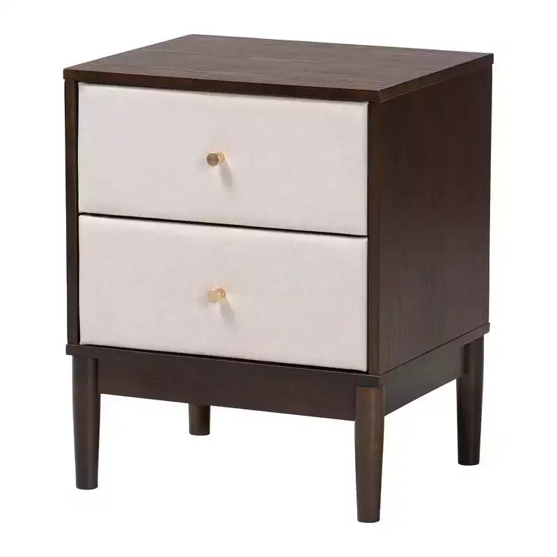 Set da 4 pezzi camera da letto queen Baxton Studio Nikolai in tessuto beige trapuntato con canali e legno wengé marrone, stile metà secolo