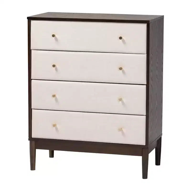 Set da 4 pezzi camera da letto queen Baxton Studio Nikolai in tessuto beige trapuntato con canali e legno wengé marrone, stile metà secolo