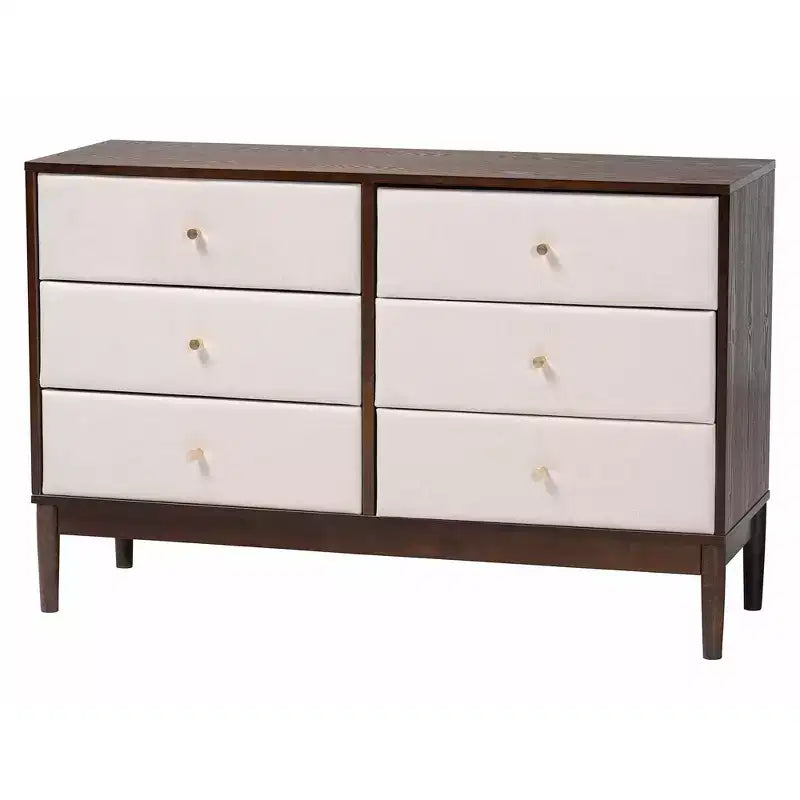 Set da 4 pezzi camera da letto queen Baxton Studio Nikolai in tessuto beige trapuntato con canali e legno wengé marrone, stile metà secolo