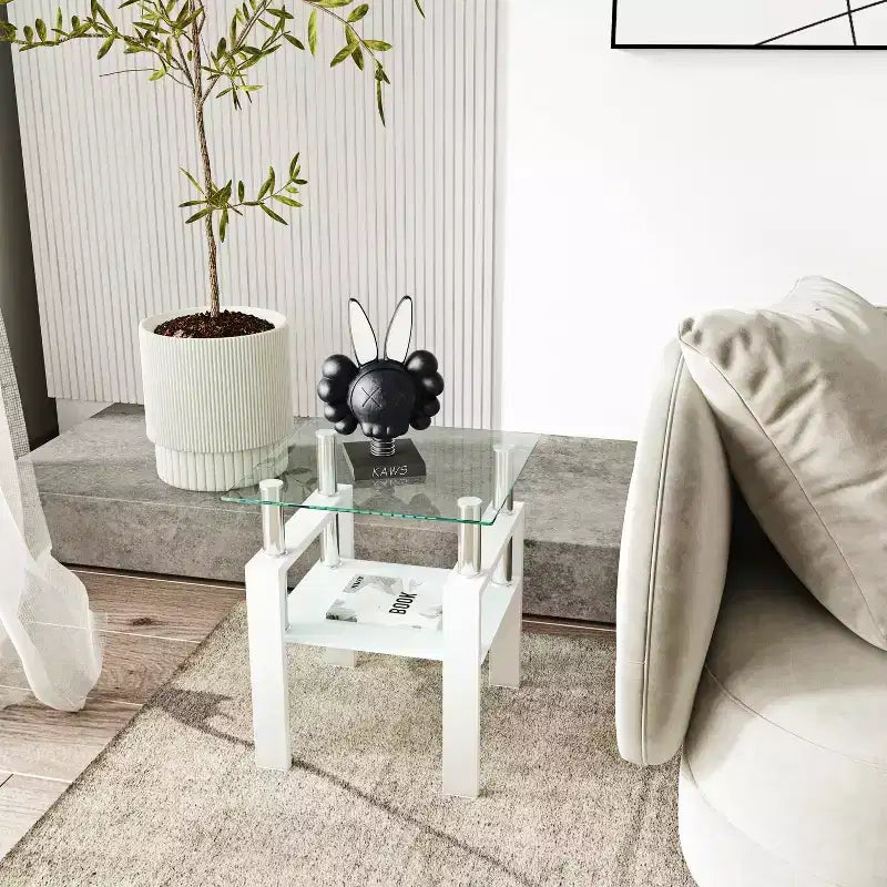 MAYEERTY Tavolino Moderno in Vetro Temperato, Tavolino Quadrato per Soggiorno Camera da Letto, Trasparente