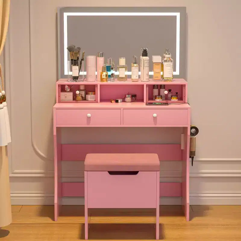 VECELO Toeletta con specchio illuminato a LED e presa di corrente, Tavolo da trucco con 4 cassetti e sgabello contenitore, 3 modalità di illuminazione regolabili per camera da letto