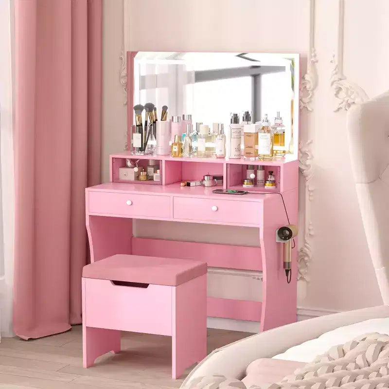 VECELO Toeletta con specchio illuminato a LED e presa di corrente, Tavolo da trucco con 4 cassetti e sgabello contenitore, 3 modalità di illuminazione regolabili per camera da letto
