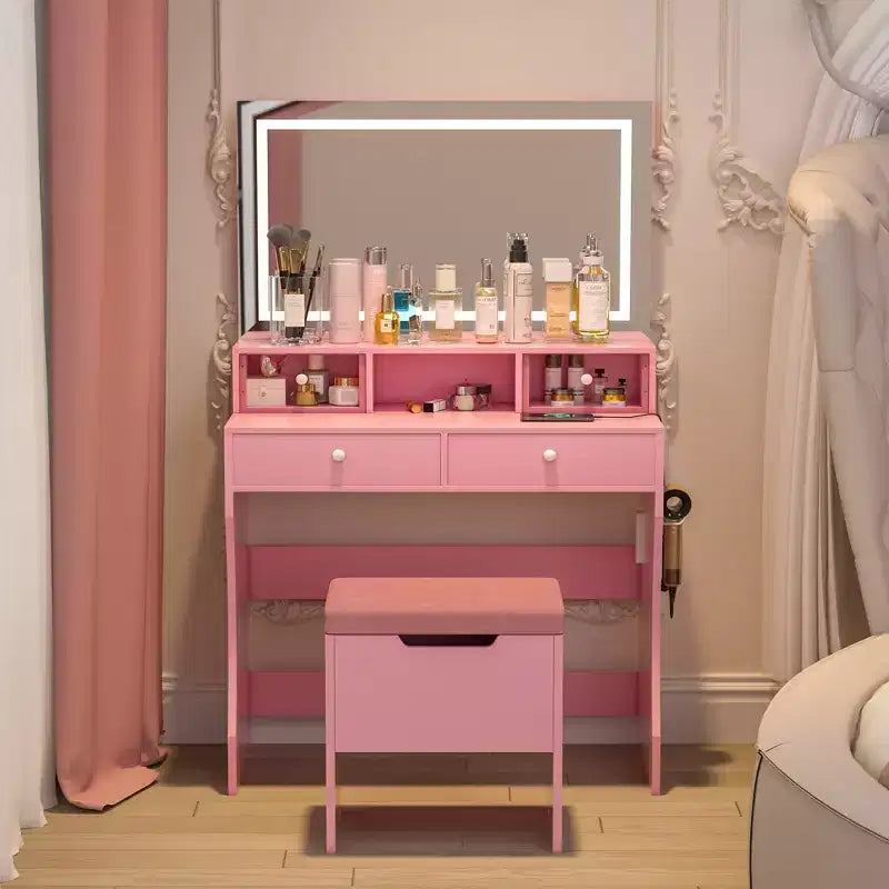 VECELO Toeletta con specchio illuminato a LED e presa di corrente, Tavolo da trucco con 4 cassetti e sgabello contenitore, 3 modalità di illuminazione regolabili per camera da letto