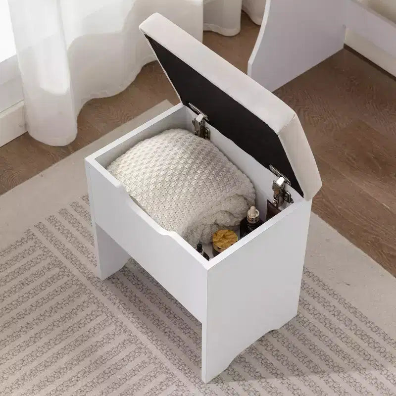 VECELO Toeletta con specchio illuminato a LED e presa di corrente, Tavolo da trucco con 4 cassetti e sgabello contenitore, 3 modalità di illuminazione regolabili per camera da letto