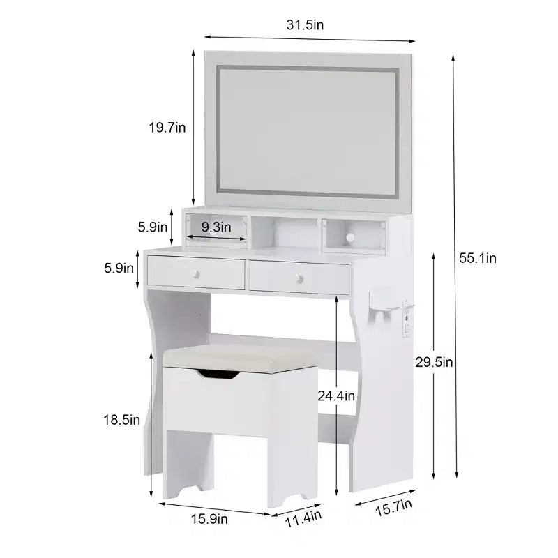 VECELO Toeletta con specchio illuminato a LED e presa di corrente, Tavolo da trucco con 4 cassetti e sgabello contenitore, 3 modalità di illuminazione regolabili per camera da letto