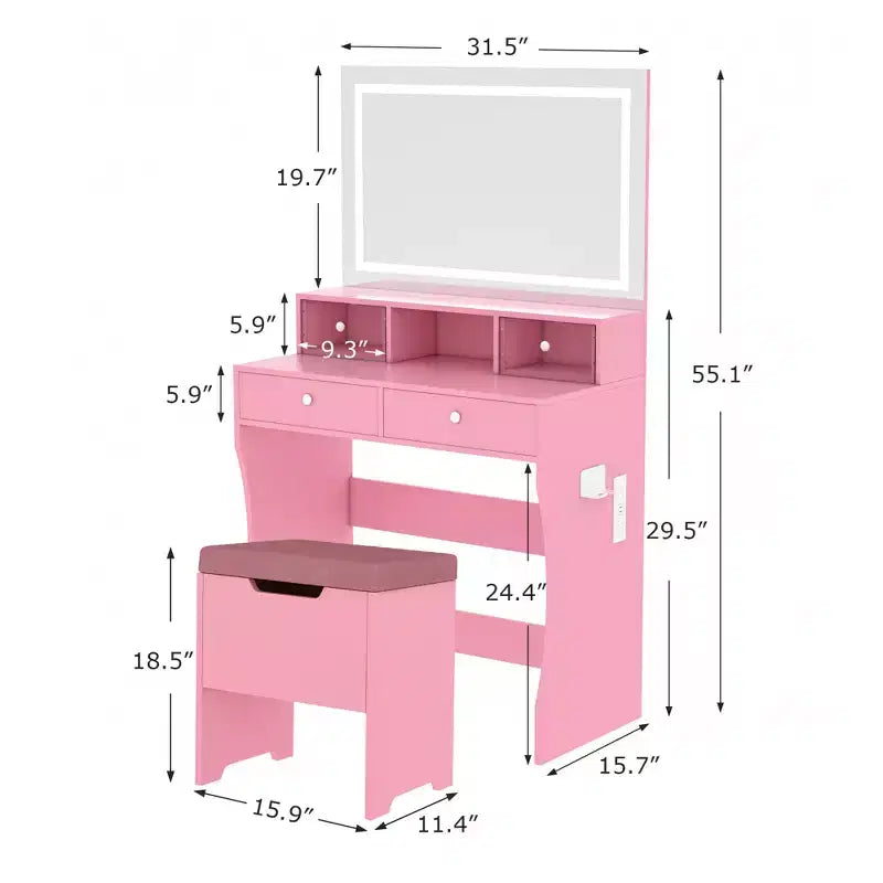 VECELO Toeletta con specchio illuminato a LED e presa di corrente, Tavolo da trucco con 4 cassetti e sgabello contenitore, 3 modalità di illuminazione regolabili per camera da letto