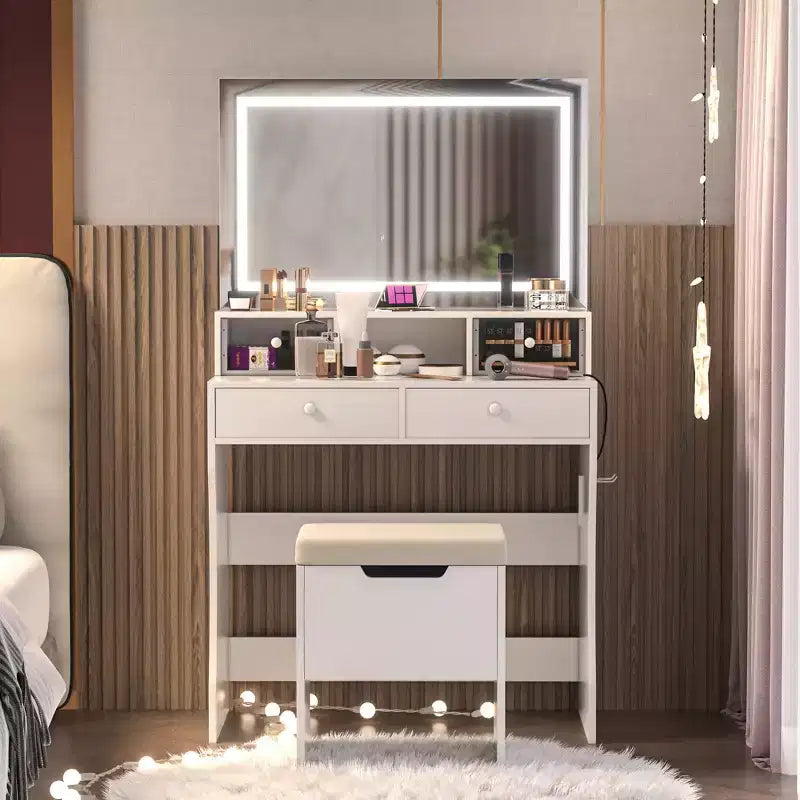 VECELO Toeletta con specchio illuminato a LED e presa di corrente, Tavolo da trucco con 4 cassetti e sgabello contenitore, 3 modalità di illuminazione regolabili per camera da letto