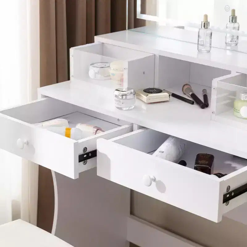 VECELO Toeletta con specchio illuminato a LED e presa di corrente, Tavolo da trucco con 4 cassetti e sgabello contenitore, 3 modalità di illuminazione regolabili per camera da letto