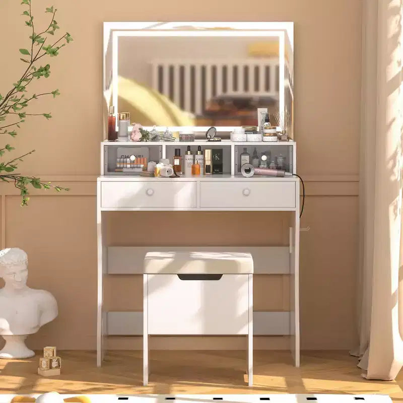 VECELO Toeletta con specchio illuminato a LED e presa di corrente, Tavolo da trucco con 4 cassetti e sgabello contenitore, 3 modalità di illuminazione regolabili per camera da letto
