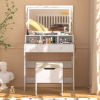 VECELO Toeletta con specchio illuminato a LED e presa di corrente, Tavolo da trucco con 4 cassetti e sgabello contenitore, 3 modalità di illuminazione regolabili per camera da letto