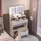 VECELO Toeletta con specchio illuminato a LED e presa di corrente, Tavolo da trucco con 4 cassetti e sgabello contenitore, 3 modalità di illuminazione regolabili per camera da letto