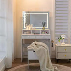 VECELO Toeletta con specchio illuminato a LED e presa di corrente, Tavolo da trucco con 4 cassetti e sgabello contenitore, 3 modalità di illuminazione regolabili per camera da letto