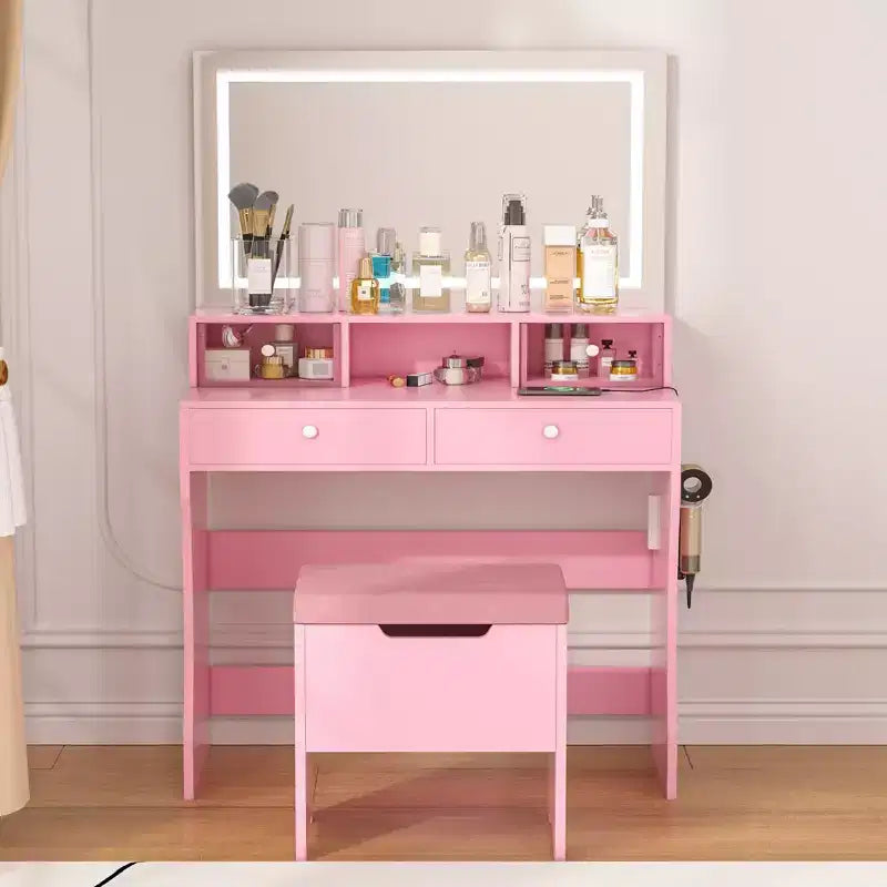 VECELO Toeletta con specchio illuminato a LED e presa di corrente, Tavolo da trucco con 4 cassetti e sgabello contenitore, 3 modalità di illuminazione regolabili per camera da letto
