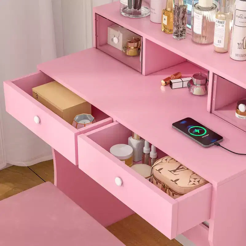 VECELO Toeletta con specchio illuminato a LED e presa di corrente, Tavolo da trucco con 4 cassetti e sgabello contenitore, 3 modalità di illuminazione regolabili per camera da letto