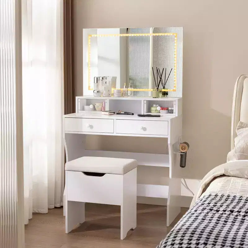 VECELO Toeletta con specchio illuminato a LED e presa di corrente, Tavolo da trucco con 4 cassetti e sgabello contenitore, 3 modalità di illuminazione regolabili per camera da letto