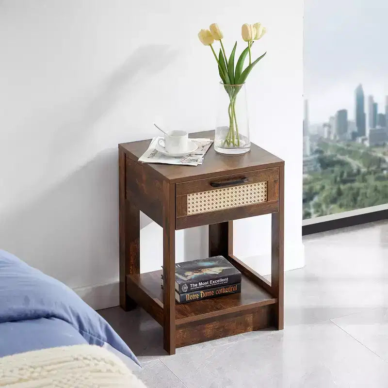 MAYEERTY Tavolino finale in rattan con cassetto, Comodino moderno, Tavolino d'appoggio per soggiorno, camera da letto, Marrone rustico