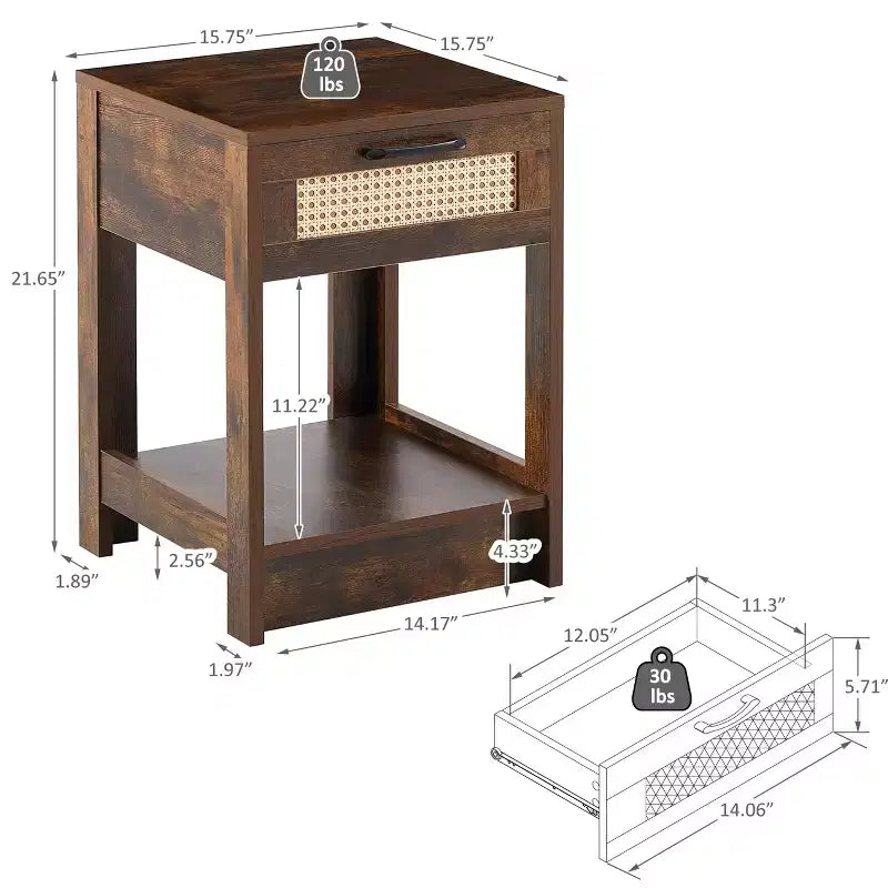 MAYEERTY Tavolino finale in rattan con cassetto, Comodino moderno, Tavolino d'appoggio per soggiorno, camera da letto, Marrone rustico