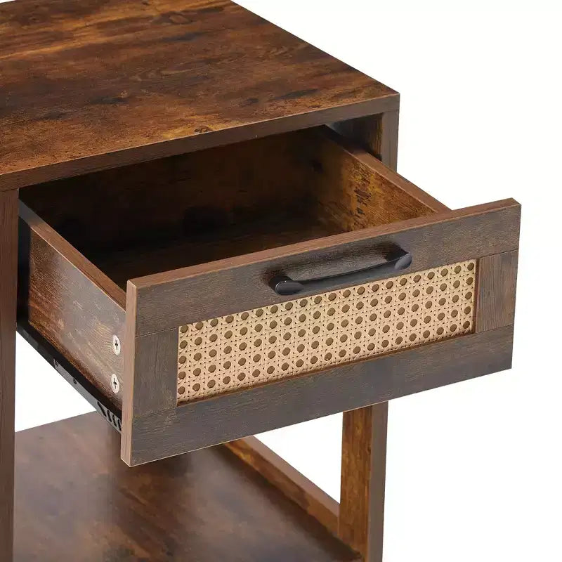 MAYEERTY Tavolino finale in rattan con cassetto, Comodino moderno, Tavolino d'appoggio per soggiorno, camera da letto, Marrone rustico