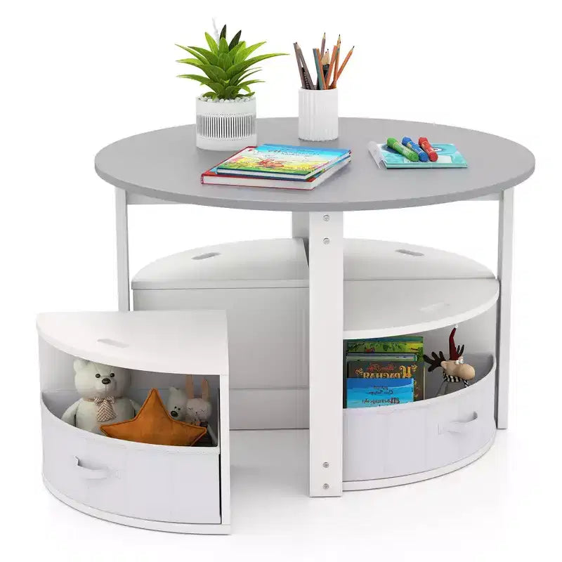 Set tavolo e 4 sedie per bambini Costway, tavolo rotondo impilabile, mobili per bambini, grigio/naturale