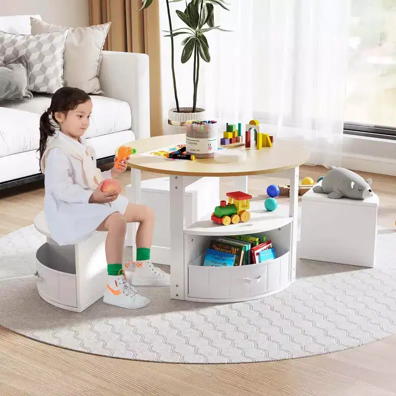 Set tavolo e 4 sedie per bambini Costway, tavolo rotondo impilabile, mobili per bambini, grigio/naturale
