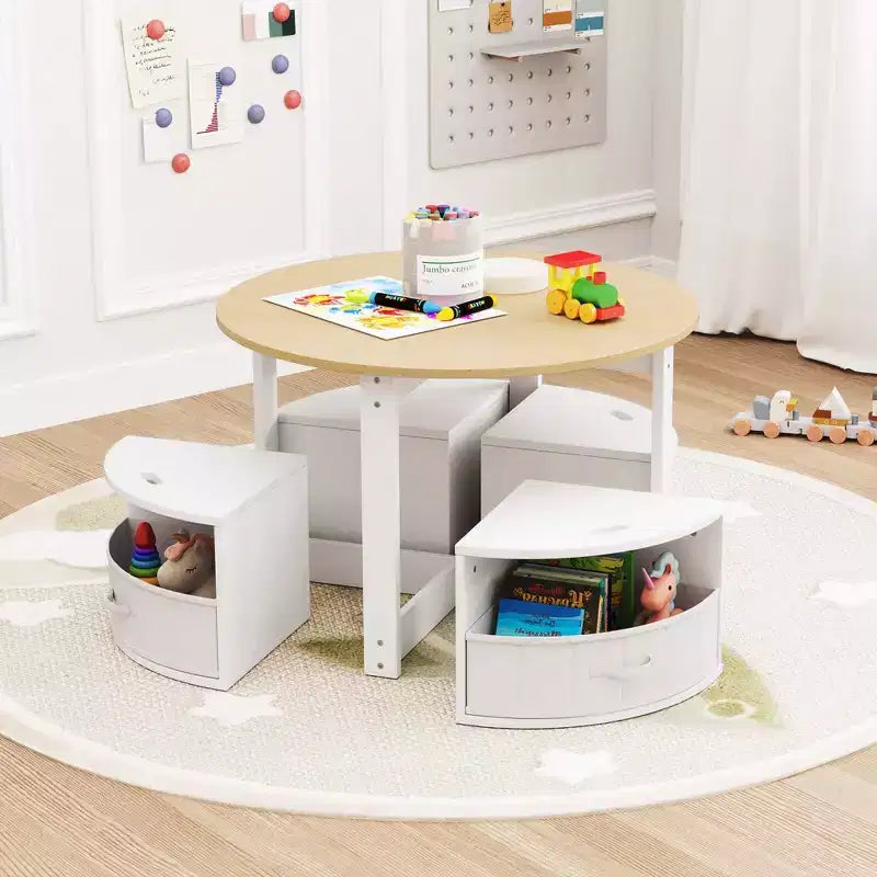 Set tavolo e 4 sedie per bambini Costway, tavolo rotondo impilabile, mobili per bambini, grigio/naturale