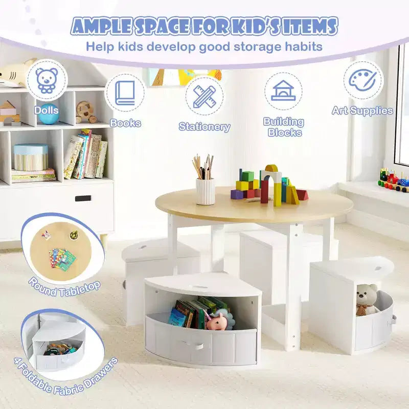 Set tavolo e 4 sedie per bambini Costway, tavolo rotondo impilabile, mobili per bambini, grigio/naturale