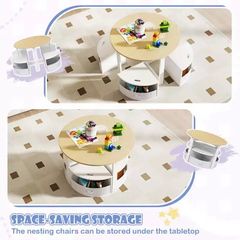 Set tavolo e 4 sedie per bambini Costway, tavolo rotondo impilabile, mobili per bambini, grigio/naturale