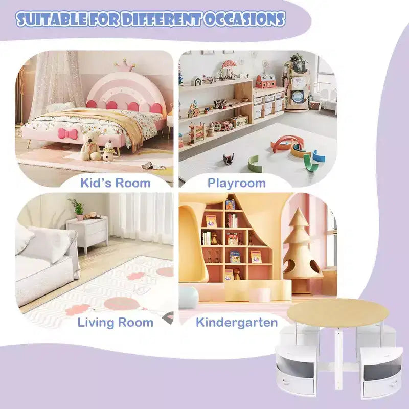 Set tavolo e 4 sedie per bambini Costway, tavolo rotondo impilabile, mobili per bambini, grigio/naturale