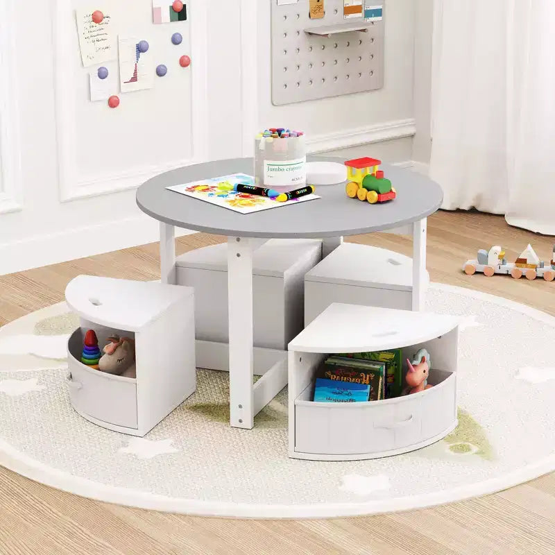 Set tavolo e 4 sedie per bambini Costway, tavolo rotondo impilabile, mobili per bambini, grigio/naturale