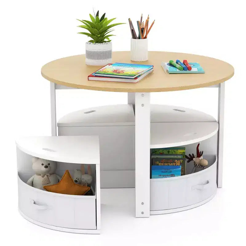 Set tavolo e 4 sedie per bambini Costway, tavolo rotondo impilabile, mobili per bambini, grigio/naturale