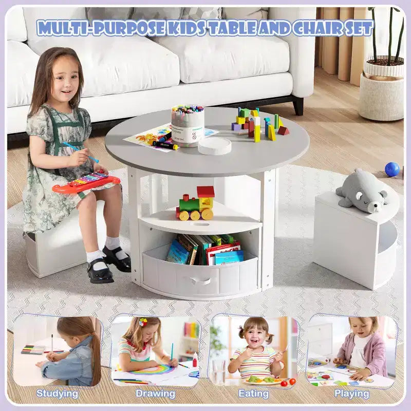 Set tavolo e 4 sedie per bambini Costway, tavolo rotondo impilabile, mobili per bambini, grigio/naturale