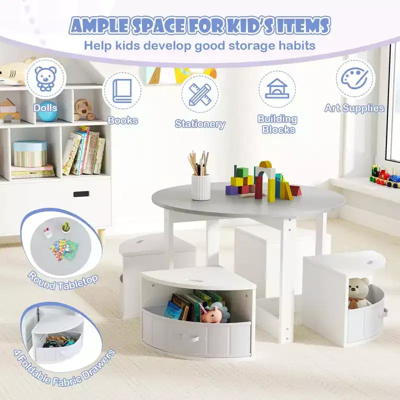 Set tavolo e 4 sedie per bambini Costway, tavolo rotondo impilabile, mobili per bambini, grigio/naturale