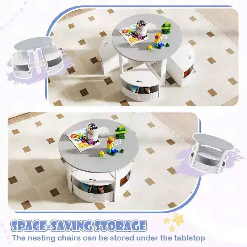 Set tavolo e 4 sedie per bambini Costway, tavolo rotondo impilabile, mobili per bambini, grigio/naturale