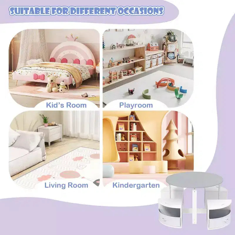 Set tavolo e 4 sedie per bambini Costway, tavolo rotondo impilabile, mobili per bambini, grigio/naturale