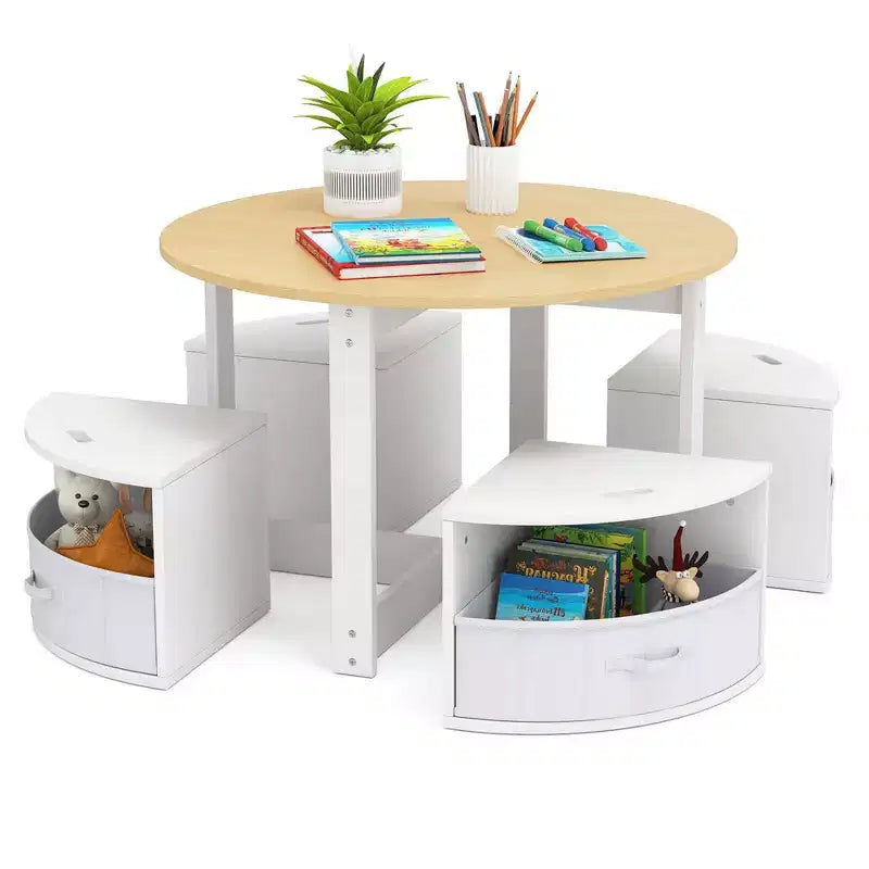 Set tavolo e 4 sedie per bambini Costway, tavolo rotondo impilabile, mobili per bambini, grigio/naturale