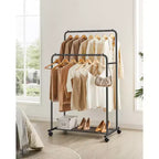 Double - Rod Clothes Rack with Wheels - Heavy - Duty, 2 Brakes, Mesh Storage Shelf. Each Top Rail Holds 77 lb, Ideal for Hanging Clothes