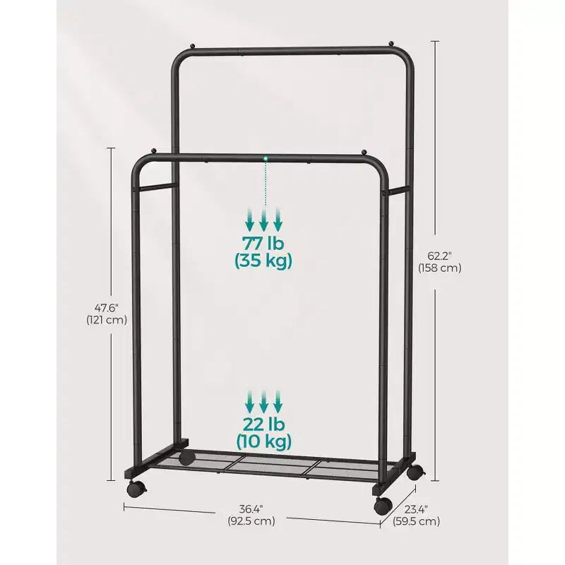 Appendiabiti a doppia asta con ruote - Robusto, 2 freni, ripiano portaoggetti in rete. Ogni barra superiore supporta 35 kg, ideale per appendere vestiti