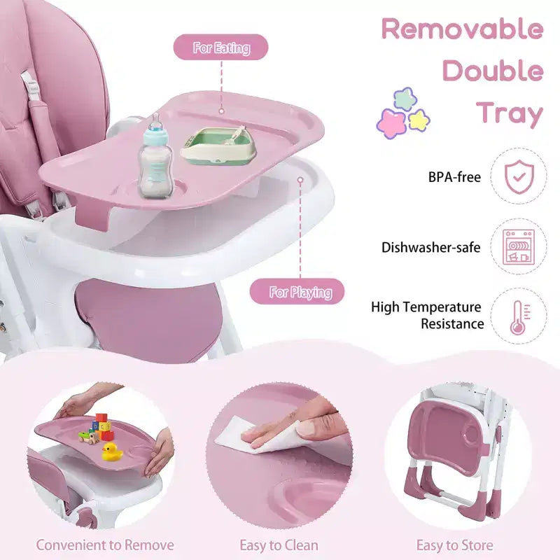 Seggiolone per neonati, seggiolone pieghevole per neonati con vassoio rimovibile, altezza e reclinazione regolabili, seggiolone per neonati e bambini piccoli