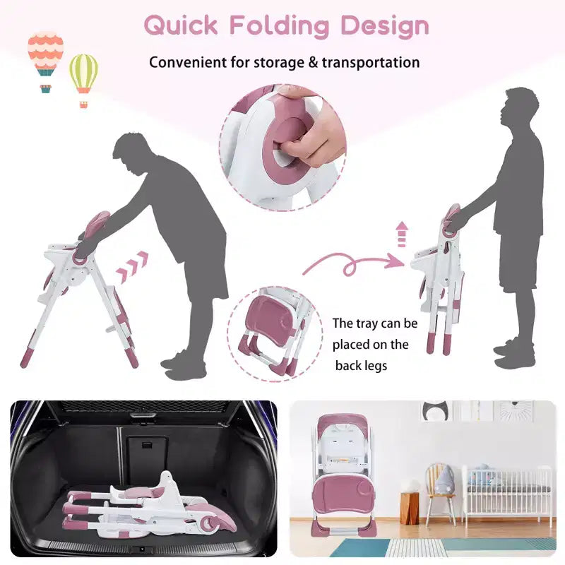 Seggiolone per neonati, seggiolone pieghevole per neonati con vassoio rimovibile, altezza e reclinazione regolabili, seggiolone per neonati e bambini piccoli