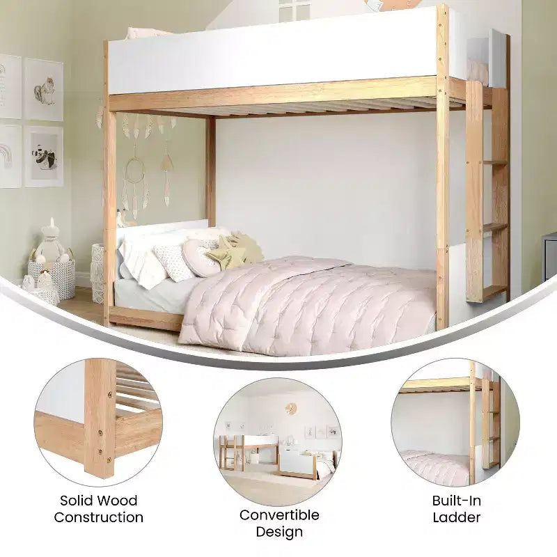 Letto a Castello per Bambini Emma e Oliver con Funzione Convertibile, Struttura in Legno Massello e Scaletta Facile da Salire, Nessuna Rete a Molle Richiesta