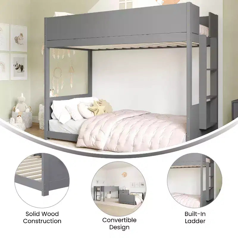 Letto a Castello per Bambini Emma e Oliver con Funzione Convertibile, Struttura in Legno Massello e Scaletta Facile da Salire, Nessuna Rete a Molle Richiesta