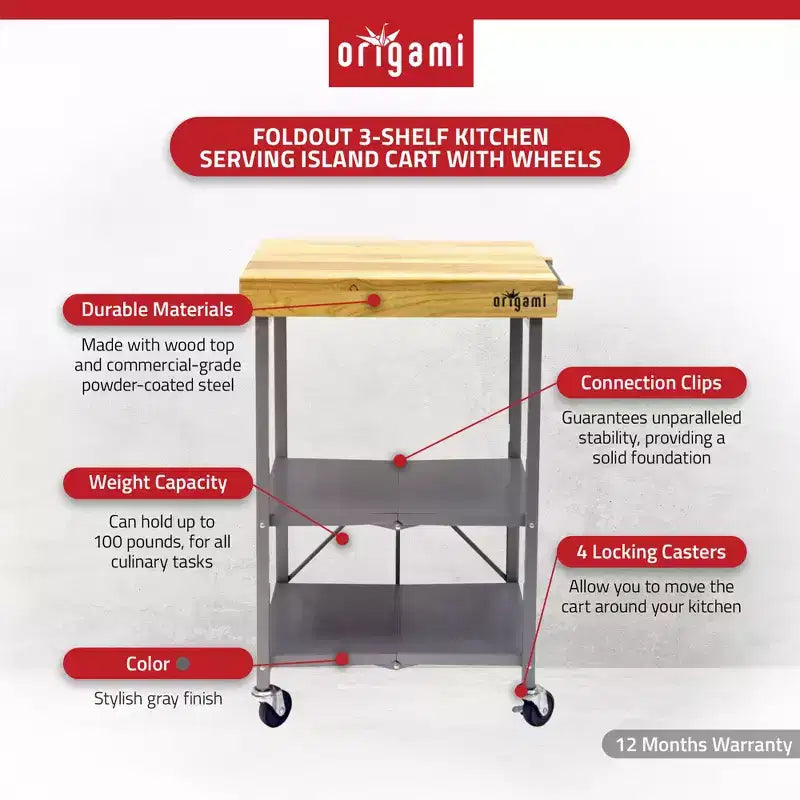 Carrello da Cucina Pieghevole Origami, Carrello di Servizio con Ruote e Ripiani, Tavolo da Lavoro Portatile per Cucina, Sala da Pranzo e Patio