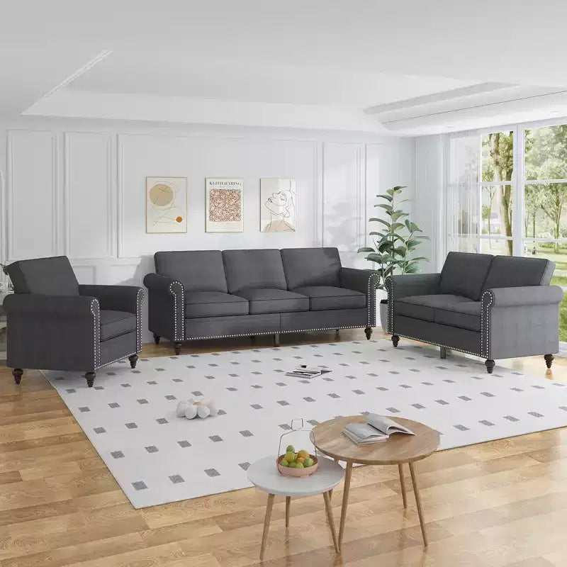 Set divano da soggiorno Mjkone 3 pezzi in lino, moderno divano a 3 posti e divano a due posti e set poltrona singola