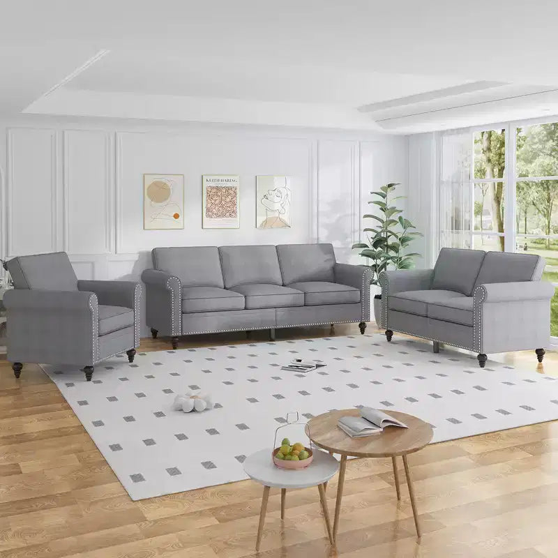Set divano da soggiorno Mjkone 3 pezzi in lino, moderno divano a 3 posti e divano a due posti e set poltrona singola