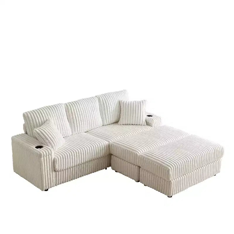 Divano 3 posti in velluto a coste da 84 pollici con 3 cuscini per lo schienale, 2 cuscini decorativi, 2 pouf, 2 vani portaoggetti e scanalature portabicchieri