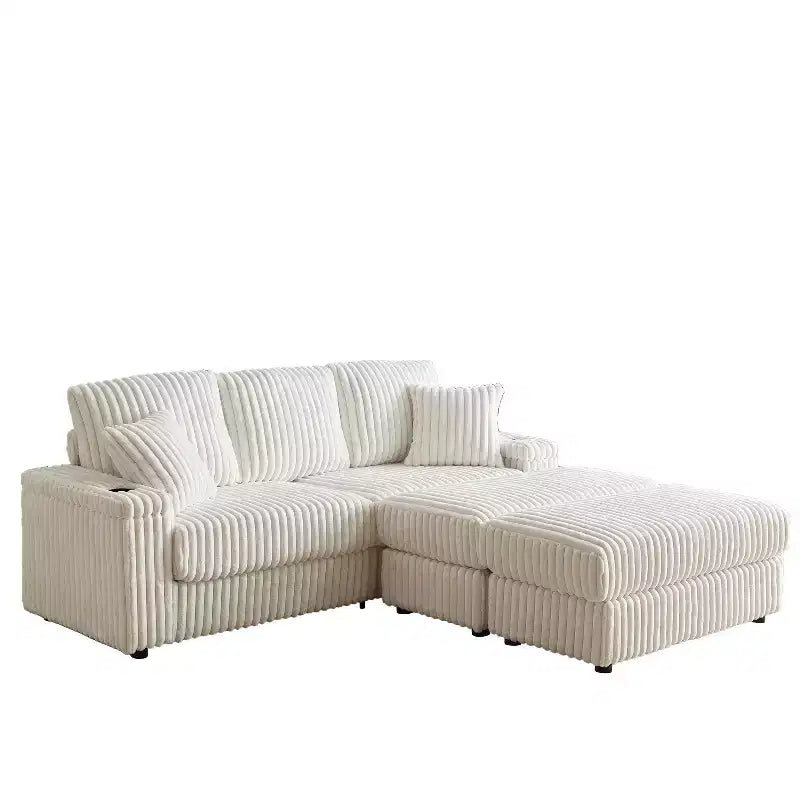 Divano 3 posti in velluto a coste da 84 pollici con 3 cuscini per lo schienale, 2 cuscini decorativi, 2 pouf, 2 vani portaoggetti e scanalature portabicchieri