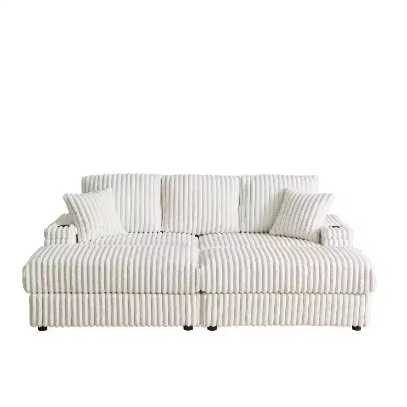 Divano 3 posti in velluto a coste da 84 pollici con 3 cuscini per lo schienale, 2 cuscini decorativi, 2 pouf, 2 vani portaoggetti e scanalature portabicchieri